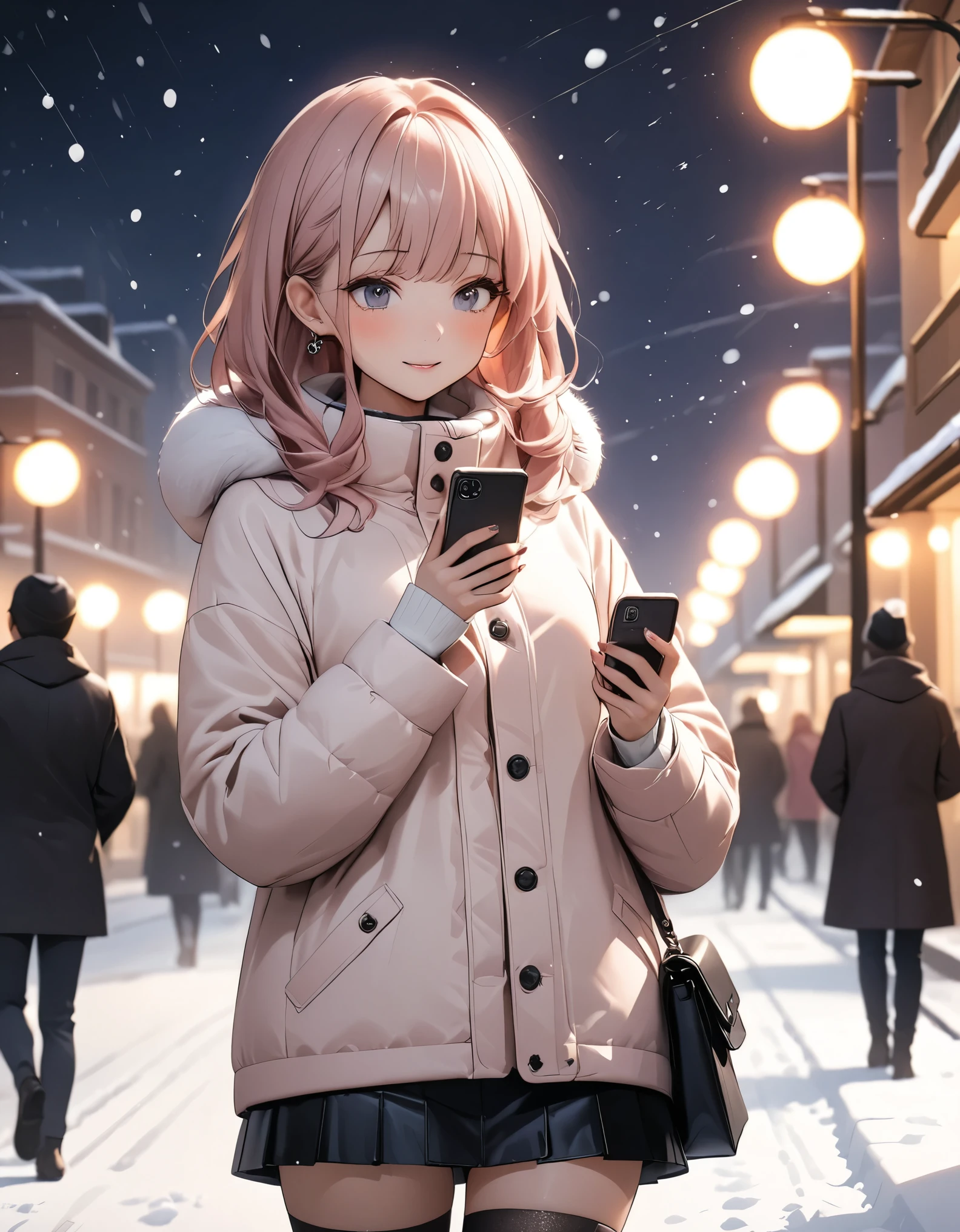 Beautiful woman, street lights at night, Fiddling with smartphones, Hot Pants, pink, snow, snowing, Passersby, night gradient, fine details, Subtle tones, There is a sense of tranquility in the picture. Bokeh, stockings