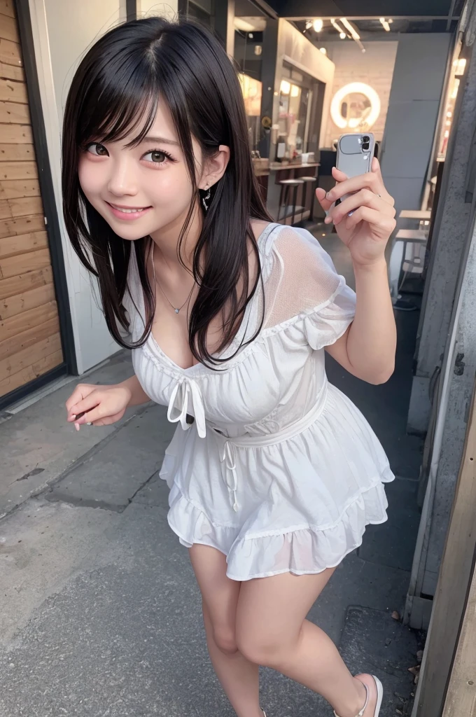 highest quality、8k Masterpiece、超A high resolution、(Photorealistic:1.3)、RAW Photos、1 girl、Messy black very short hair、Glowing Skin、((Ultra-Realistic Details))、Portrait、Global Illumination、Shadow、Octane Rendering、8k、Super sharp、Beautiful breasts、Beautiful Eyes、Bright colors、smile、Very intricate details、Realistic Light、CGSoation Trend、Beautiful Eyes、Shining Eyes、A big smile for the camera、Neon Details、20age、Mean、Small devil、Obscene、wide shot、full body、Silver charm on the ankle、Young body shape、未来的な白いIdol衣装、Cosplay、A little sexy、Moe、Super cute、cute、pure、Fall in love、Idol、可愛いIdolステージ衣装、A girly cafe with gentle sunlight、A smile that will make any otaku swoon、boyish