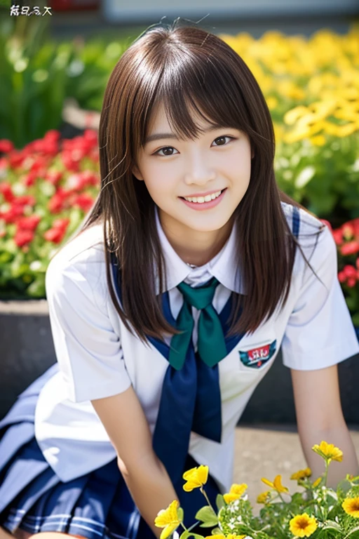 (((full bodyesbian)))、((Girls' High School Uniforms))、((1a person))、ponytail、short-hair、Close to the subject、((a school flower beds)))、(((ssmile)))、(((Girls' High School)))、((a beauty girl))、((sexy pose))、Photorealsitic、Beautiful detailed eyes、Hyper-Realism、highcontrast、Ultra HD、realistic skin textures、Top image quality、top-quality、超A high resolution、Fine details、Very meticulously