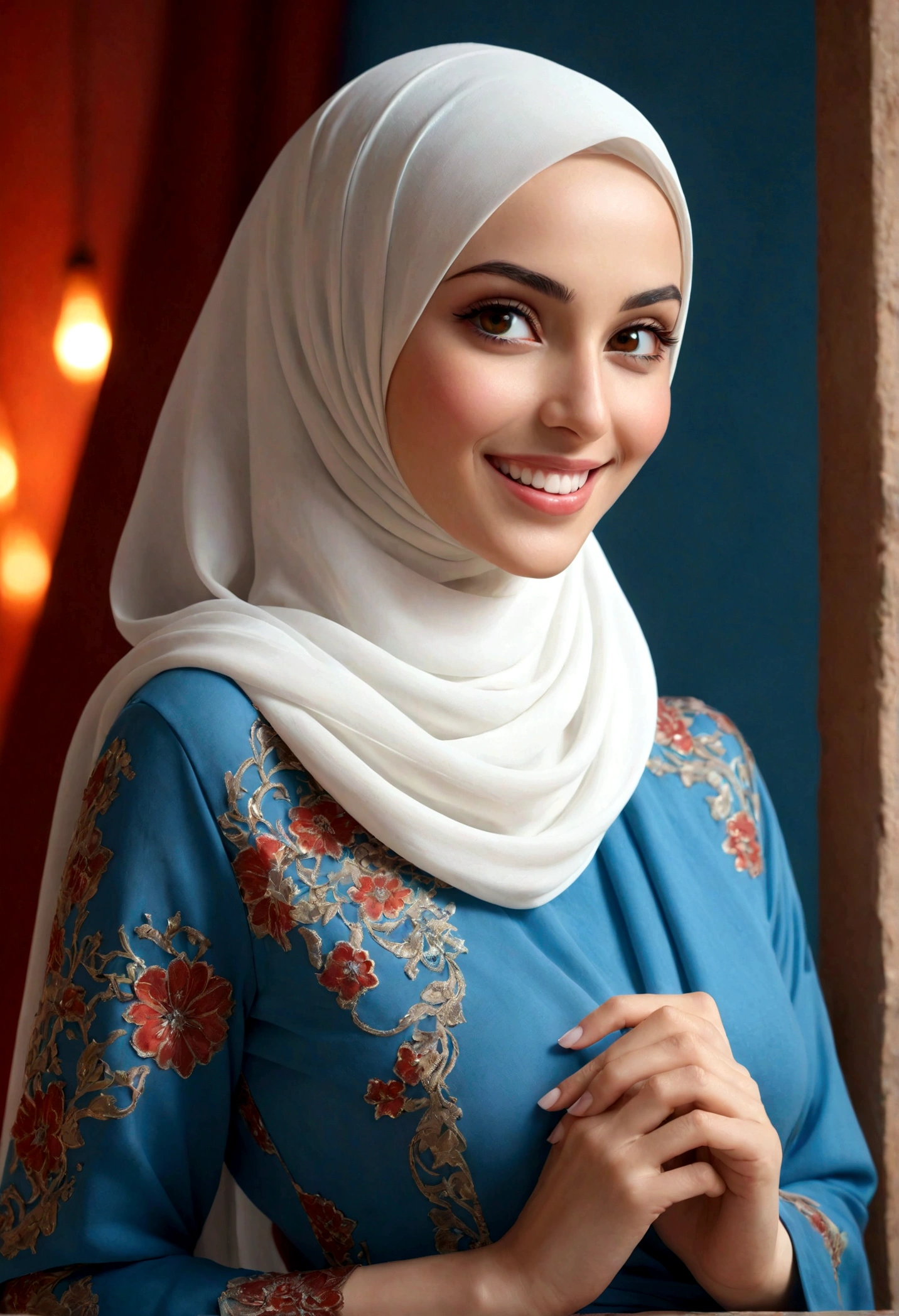 ((Best quality, 8k, Masterpiece :1.3)), Sharp focus :1.2, A pretty girl 24 years old with perfect figure :1.4, Slender abs :1.3, Raw photography、超A high resolution, full body, Ultra High Definition, (Photorealistic:1.4), A beautiful girl with a hijab muslimah is the central figure in this image, beauty white skin, A woman with a hijab, beauty white skin, smiling happy, open mouth, exuding serene confidence with her gaze directed off to the side. She's adorned in a dress that contrasts with her hijab, against a background of fiery red and cool blue hues. indoor modern home background.
