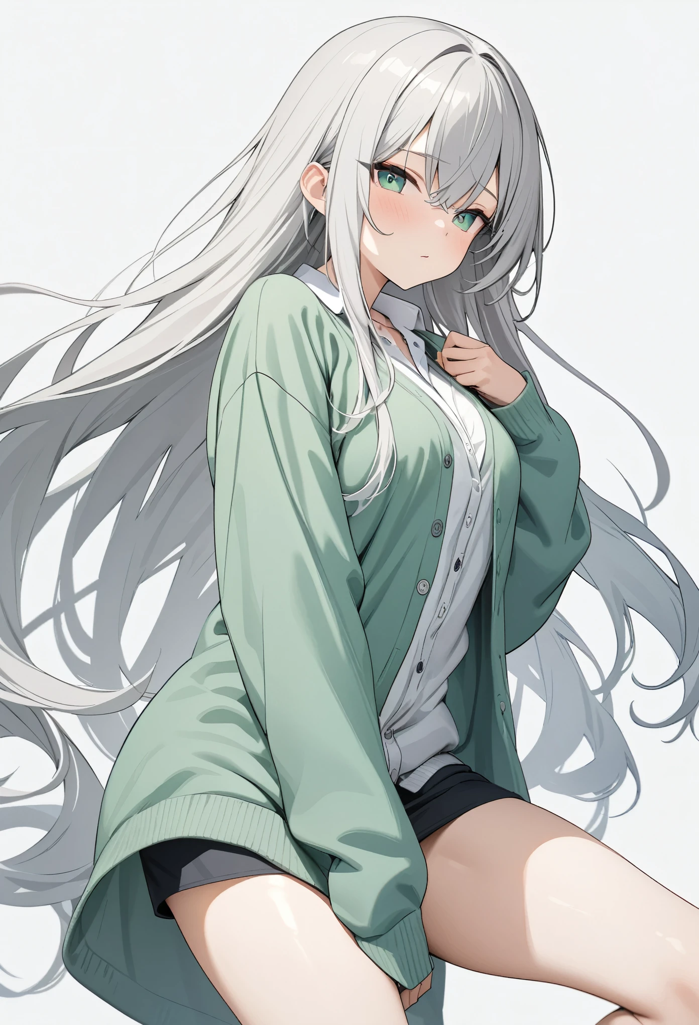 ((masterpiece)), (highest quality), (Simple style), Silver hair Super long hair Jade green eyes Cardigan