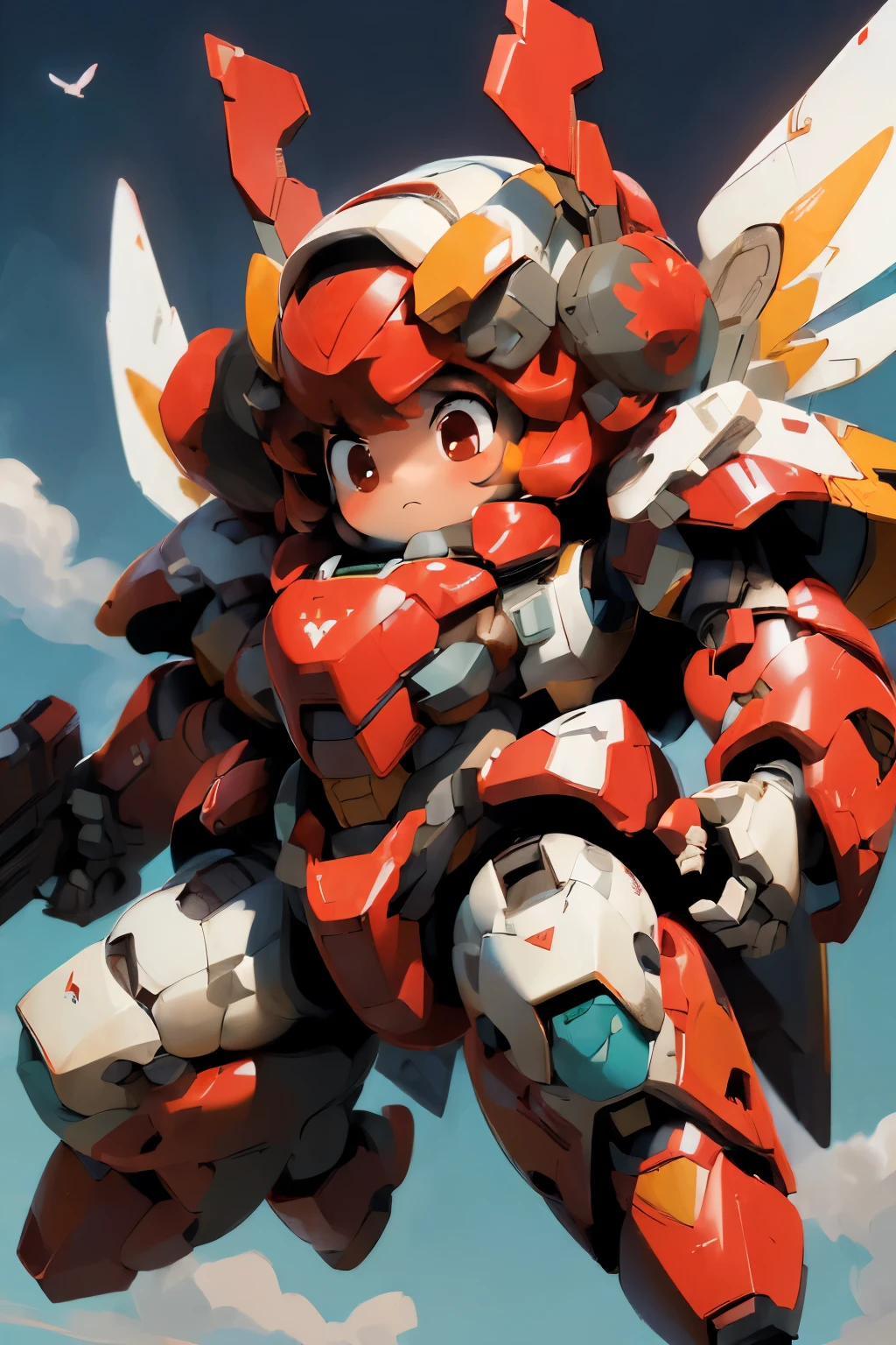 (((1girl floating in the sky, ))), (large cute face), (chibi face), ((Tight-lipped)),((low-angle)), ((low-angle view)), ((mechanical parts)), ((mechanical wings)), ((mecha wings)), full armor, ((mecha musume)), (HRS), (RARS), (full armor:1.5), (mecha armor:1.5), (huger arms:1.5), (battle-ready:1.2), (heavy weapons:1.5), (short legs:1.2), (huger body:2.0), ((red coloring armor:1.5)), (output booster:1.2), Heavy armament, heavy equipment, Mecha, ((from below)), red_eyes , chibi face, short hair, ((headgear)), ((full body in frame)), ((over size helm)), ((flying)), ((floating)), dynamic pose, fighting stance, (blue sky), white clouds, mechanical parts, mecha warrior, headgear, robot joints, full armor, becoming a mecha, ((looking down:2.0)), macro, mechagirl girl, BJ_Cute_Mech BREAK ((masterpiece)), vibrant colors, 8k, best quality, ultra detailed illustration, ((best quality)), ((high resolution)), flawless skin textures, shiny oiled skin, extremely detailed anime eyes , extreme light and shadows
