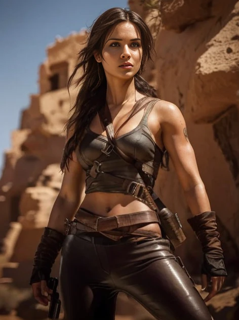Lara Croft com Yennefer juntos, Fotorrealista, luz solar no corpo, Pose sexy, Corpo bonito, rosto bonito, deserto, Minimal clothing,
