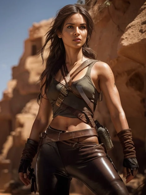 Lara Croft com Yennefer juntos, Fotorrealista, luz solar no corpo, Pose sexy, Corpo bonito, rosto bonito, deserto, Minimal clothing,