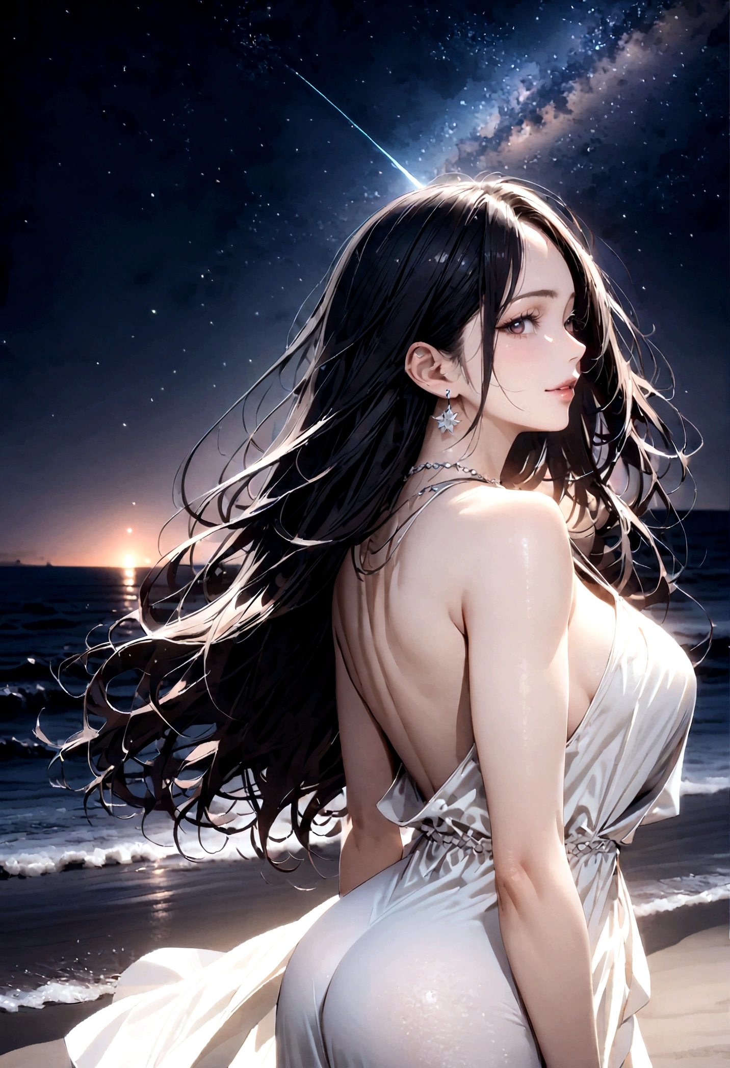 8k, masterpiece, RAW Photos, highest quality, Realistic, Very detailed, Depth of written boundary, Cinematic Light, Anatomically correct body,
One beautiful 40 year old woman, (Very beautiful face:1.3), (Exquisitely detailed face:1.3), (A seductive face:1.2), (Very sensitive skin:1.3), Transparent muscle, Shiny white skin, Glamorous Body,
(Wavy black long hair:1.2), (Sexy Breasts:1.1), (Sexy ass:1.1),
(White Summer Beach Dress:1.4), (Detailed cloth texture:1.2), (Gorgeous necklace:1.1), (Gorgeous earrings:1.1),
(Dark starry background:1.4), (Milky Way:1.1), (milky way:1.1), (shooting star:1.1), (Dark coastline at night:1.4), (Pitch black sea surface:1.4),
(Standing on the beach:1.2),