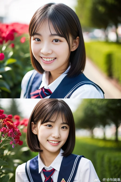 (((full bodyesbian)))、((Girls' High School Uniforms))、((1a person))、ponytail、short-hair、Close to the subject、((a school flower beds)))、(((ssmile)))、(((Girls' High School)))、((a beauty girl))、((sexy pose))、Photorealsitic、Beautiful detailed eyes、Hyper-Realism、highcontrast、Ultra HD、realistic skin textures、Top image quality、top-quality、超A high resolution、Fine details、Very meticulously