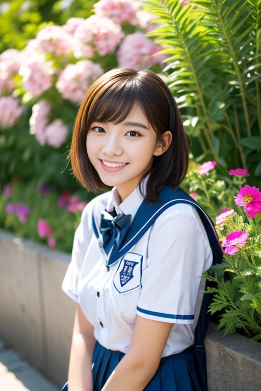 (((full bodyesbian)))、((Girls' High School Uniforms))、((1a person))、ponytail、short-hair、Close to the subject、((a school flower beds)))、(((ssmile)))、(((Girls' High School)))、((a beauty girl))、((sexy pose))、Photorealsitic、Beautiful detailed eyes、Hyper-Realism、highcontrast、Ultra HD、realistic skin textures、Top image quality、top-quality、超A high resolution、Fine details、Very meticulously