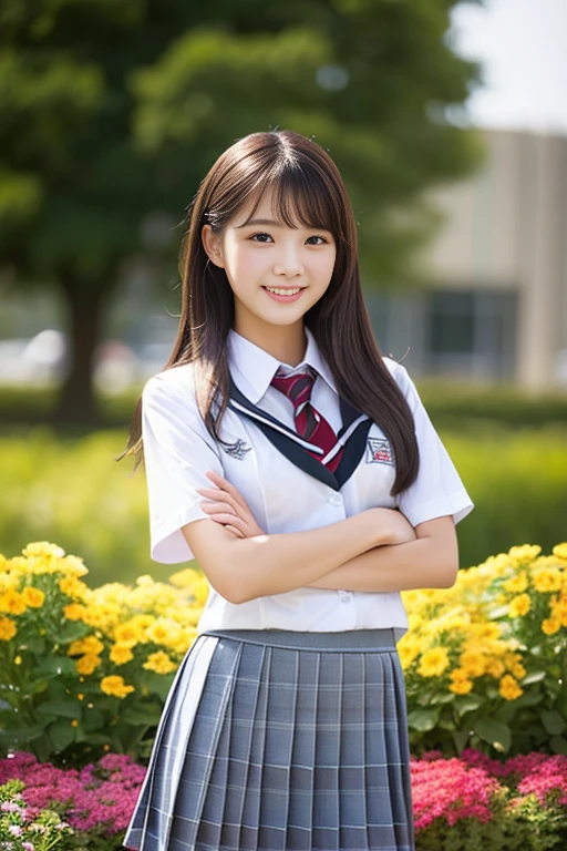 (((full bodyesbian)))、((Girls' High School Uniforms))、((１a person))、ponytail、short-hair、Close to the subject、((a school flower beds)))、(((ssmile)))、(((Girls' High School)))、((a beauty girl))、((sexy  pose))、Photorealsitic、Beautiful detailed eyes、Hyper-Realism、highcontrast、Ultra HD、realistic skin textures、Top image quality、top-quality、超A high resolution、Fine details、Very meticulously