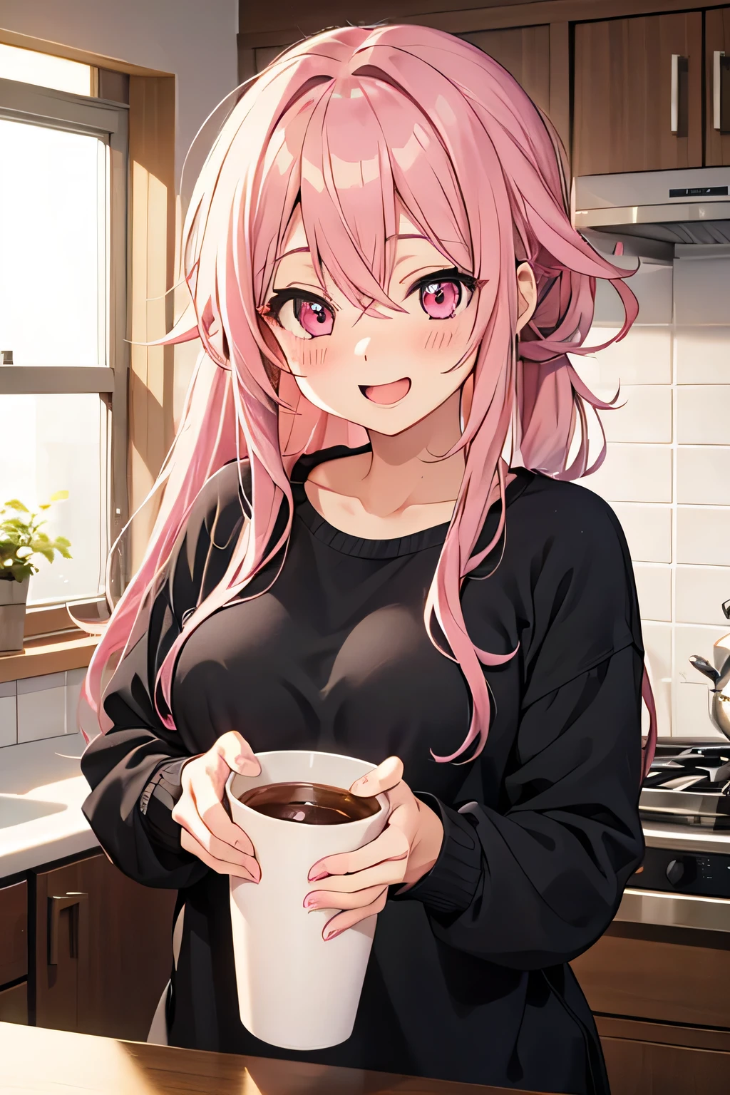adult, cute anime girl, smiling, open mouth, pink hair, long hair, pink eyes, messy hair, wearing black sweater, hair tied in two, blushing, in kitchen
