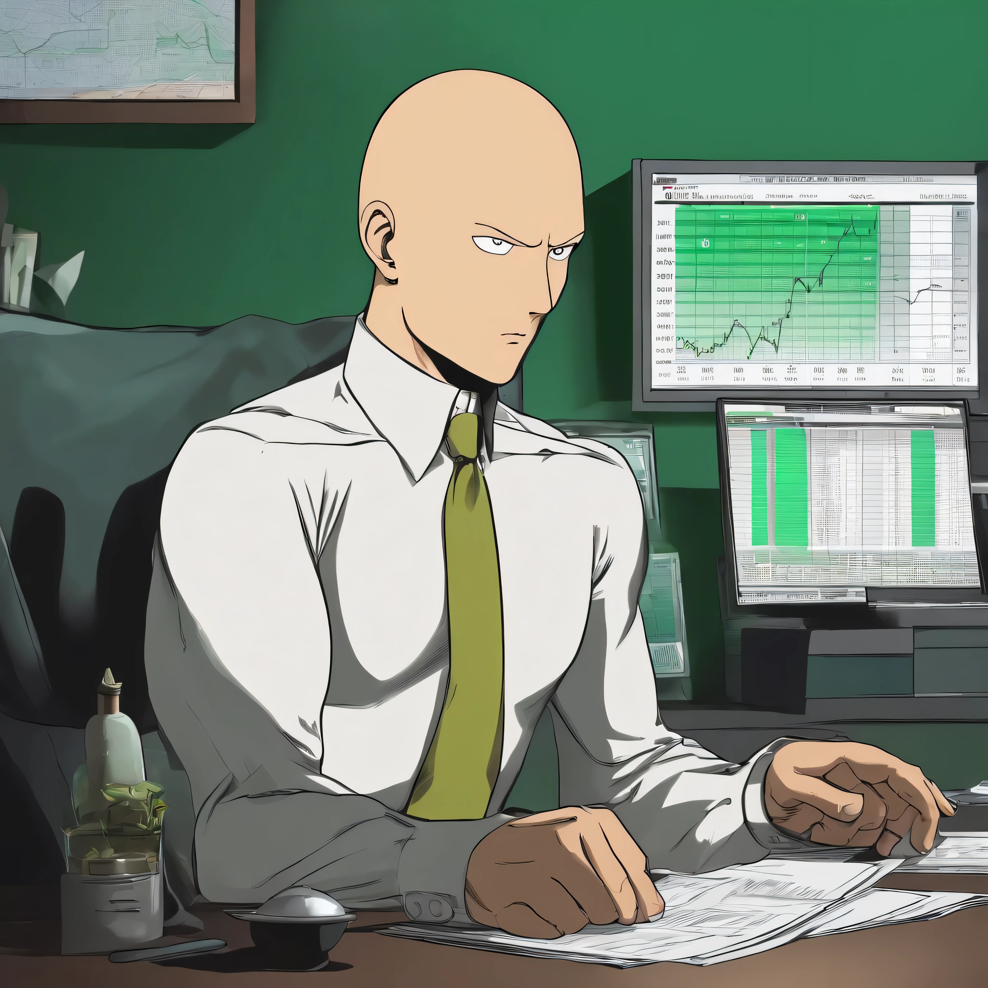 One punch man with a stock market chart wth large green candle behind him