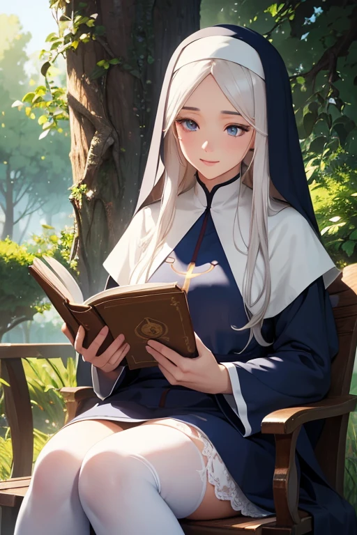 A beautiful anime nun with long white hair, wearing a blue nun dress and white stockings, sitting under a tree in daylight, reading a book and smiling, (best quality,4k,8k,highres,masterpiece:1.2),ultra-detailed,(realistic,photorealistic,photo-realistic:1.37),detailed eyes,detailed lips,longeyelashes,beautiful detailed face,1girl,illustration,oil painting,3D rendering,vibrant colors,soft lighting,serene,peaceful,tranquil
