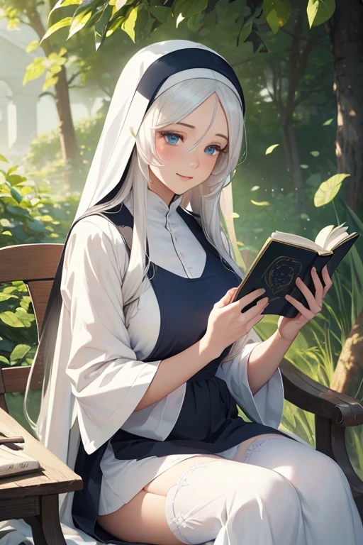 A beautiful anime nun with long white hair, wearing a blue nun dress and white stockings, sitting under a tree in daylight, reading a book and smiling, (best quality,4k,8k,highres,masterpiece:1.2),ultra-detailed,(realistic,photorealistic,photo-realistic:1.37),detailed eyes,detailed lips,longeyelashes,beautiful detailed face,1girl,illustration,oil painting,3D rendering,vibrant colors,soft lighting,serene,peaceful,tranquil