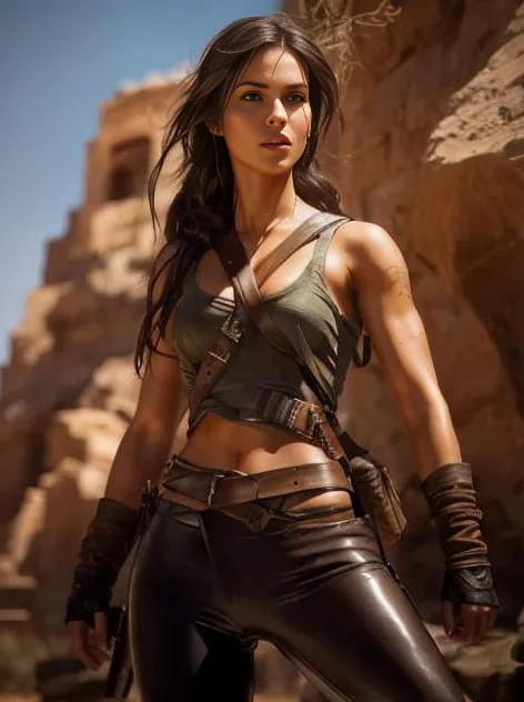 Lara Croft com Yennefer juntos, Fotorrealista, luz solar no corpo, Pose sexy, Corpo bonito, rosto bonito, deserto, Minimal clothing,