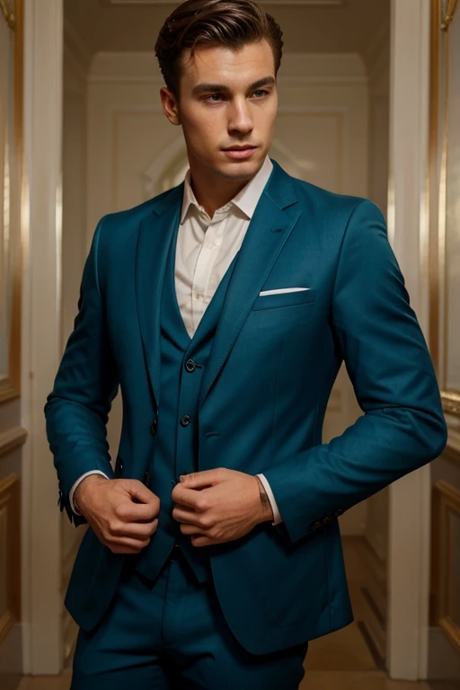 25 years old man named john ,european origins, formal teal blue suit  . Australia 
