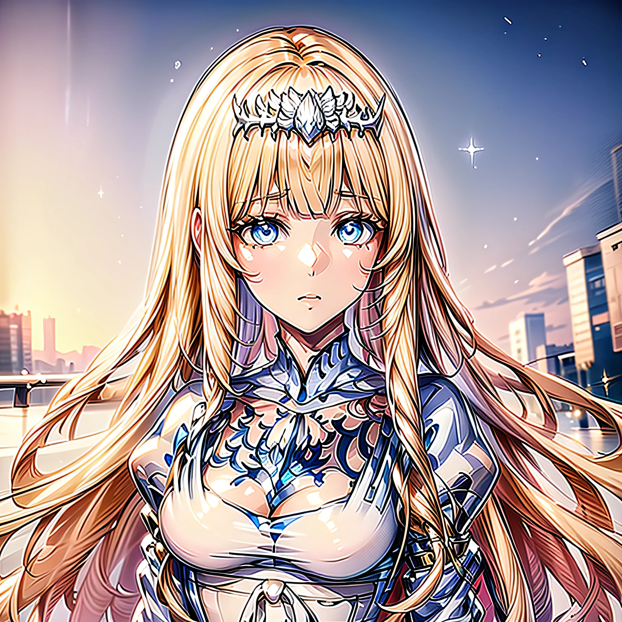 ((top quality)),(Super high resolution),(super detailed),(detailed description),((best anime)),(best work of art),sharp,,super precision art, amazing art of depiction, The beauty of intricate and meticulous details:1.3, ((woman:1.5)), 1girl, solo, Calca, Calca Bessarez, blonde hair, (extremely long hair:1.3), very long hair, white tiara, white dress, blue eyes, medium chest