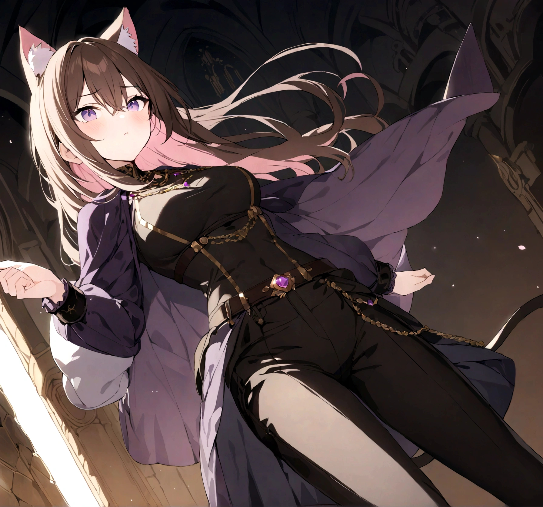 (1girl, Masterpiece, best quality) A  adult female character with long, brown hair featuring lighter streaks, styled in loose waves. She has striking purple eyes and a confident, slightly defiant expression. She has distinctive cat-like ears, brown with pink inner fur. She wears a black and brown medieval-style adventuter aristocrat form-fitting top adorned with gold and red accents, including intricate patterns. Over this, she has a purple cloak and black with gold detailing. The same style as outfit has pants and boots. Accessories include a purple gemstone necklace and a belt. The character is depicted in a dynamic low-angle shot, giving a sense of power and movement and her sexy posture.
