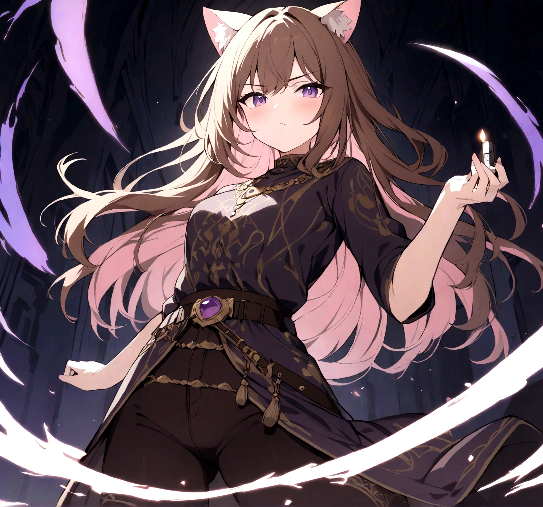 (1girl, Masterpiece, best quality) A young adult female character with long, brown hair featuring lighter streaks, styled in loose waves. She has striking purple eyes and a confident, slightly defiant expression. She has distinctive cat-like ears, brown with pink inner fur. She wears a black and brown medieval-style adventuter aristocrat form-fitting top adorned with gold and red accents, including intricate patterns. Over this, she has a purple cloak and black with gold detailing. The same style as outfit has pants and boots. Accessories include a purple gemstone necklace and a belt. The character is depicted in a dynamic low-angle shot, giving a sense of power and movement and her sexy posture.