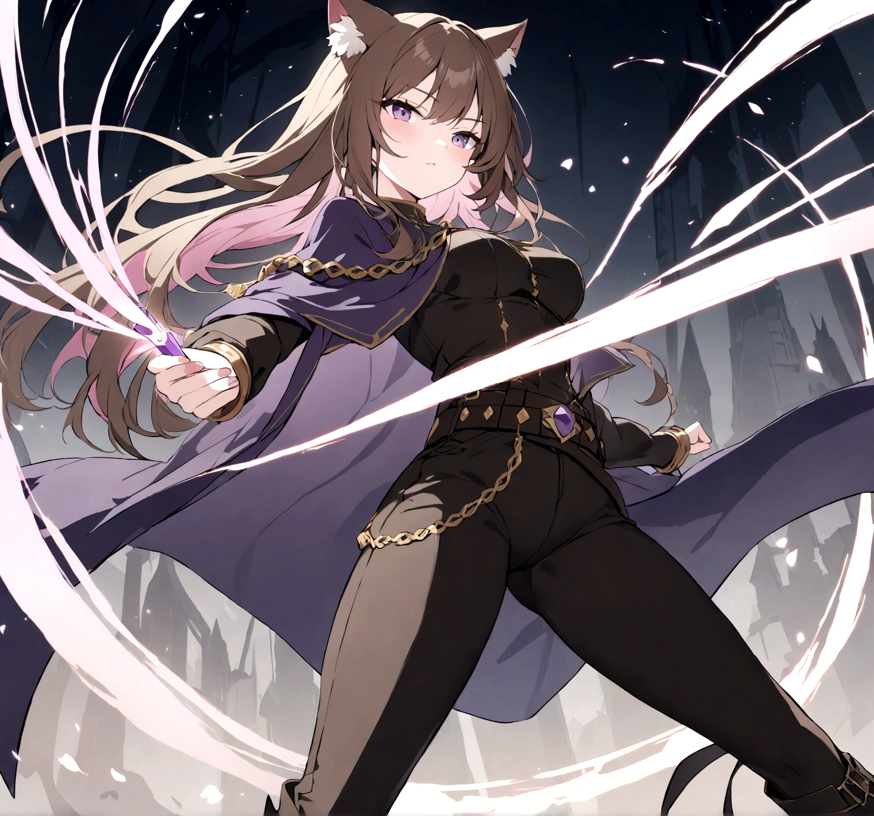 (1girl, Masterpiece, best quality) A young adult female character with long, brown hair featuring lighter streaks, styled in loose waves. She has striking purple eyes and a confident, slightly defiant expression. She has distinctive cat-like ears, brown with pink inner fur. She wears a black and brown medieval-style adventuter aristocrat form-fitting top adorned with gold and red accents, including intricate patterns. Over this, she has a purple cloak and black with gold detailing. The same style as outfit has pants and boots. Accessories include a purple gemstone necklace and a belt. The character is depicted in a dynamic low-angle shot, giving a sense of power and movement and her sexy posture.