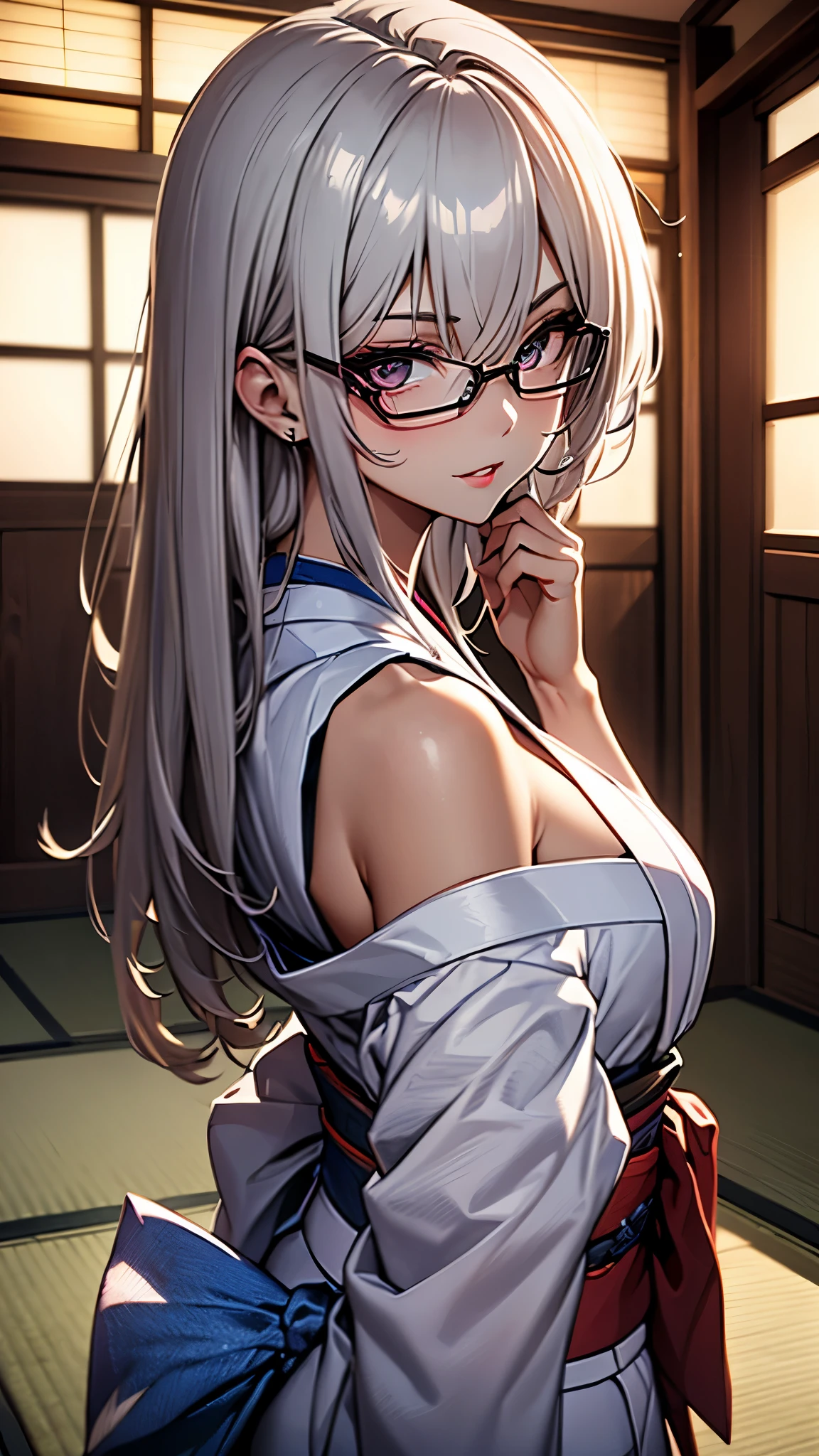 (1girl:1.3), Masterpiece, Best quality, amazing beauty, [[3D]], 4K, absurdres, finely detail, super detailed eye, perfect anatomy, official art, cinematic lighting, BREAK, ryokan, tatami, silky long hair, silver hair, super shiny detailed black eyes, big eyes, tareme, cute eyes, thin eyebrow, Staring, close-mouth, thin lips, smirk, mascara, rouge, Eyeliner, red lips, red eyewear, blush, BREAK, tall, slender, tanlines, She turns around and shows her back, bare shoulders, BREAK ,(white kimono:1.2), 35mm lens f/1