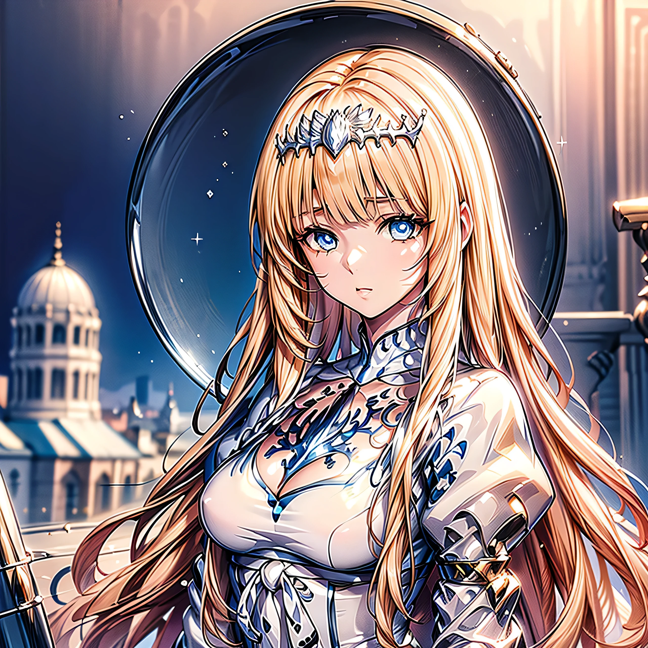((top quality)),(Super high resolution),(super detailed),(detailed description),((best anime)),(best work of art),sharp,,super precision art, amazing art of depiction, The beauty of intricate and meticulous details:1.3, ((woman:1.5)), 1girl, solo, Calca, Calca Bessarez, blonde hair, (extremely long hair:1.3), very long hair, white tiara, white dress, blue eyes, medium chest