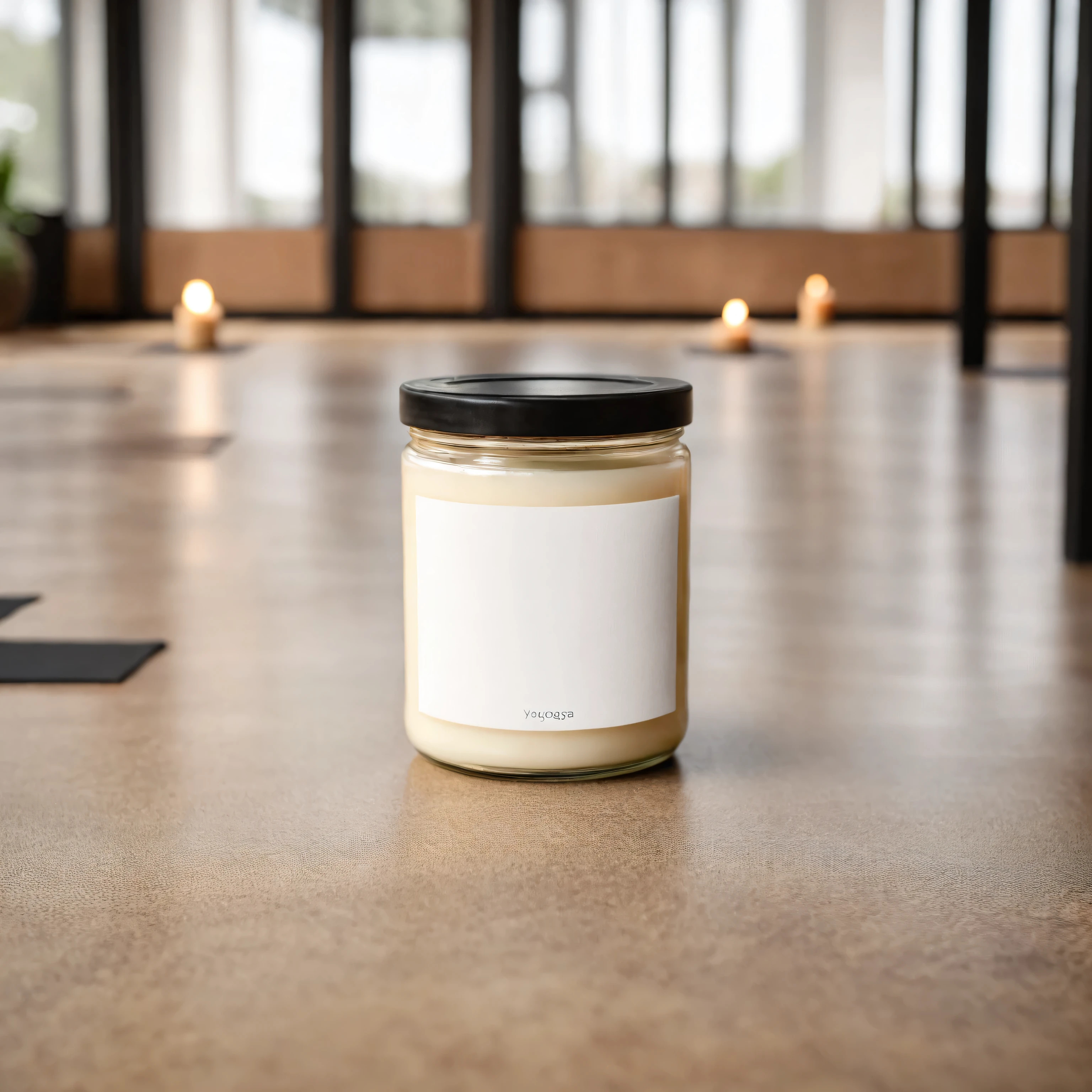 Mockup empty, a blank small beige candle in a jar with white label and black lid standing inside yoga studio, yoga class in defocused background. Yoga students in yoga poses
