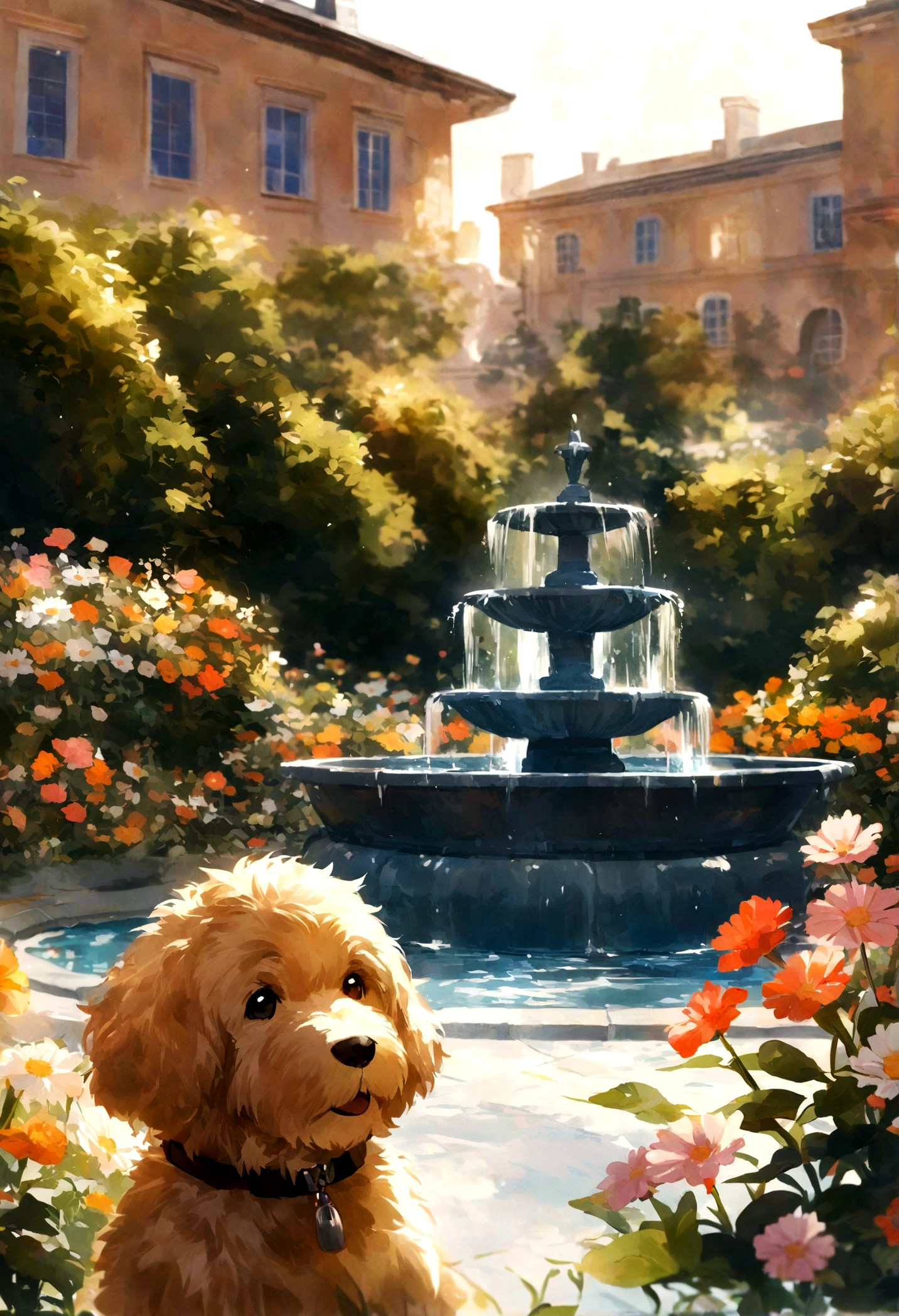 Sweet ,((Medium close-up)),6 years old ,and Labradoodles in the garden, There are flowers, There are fountains,