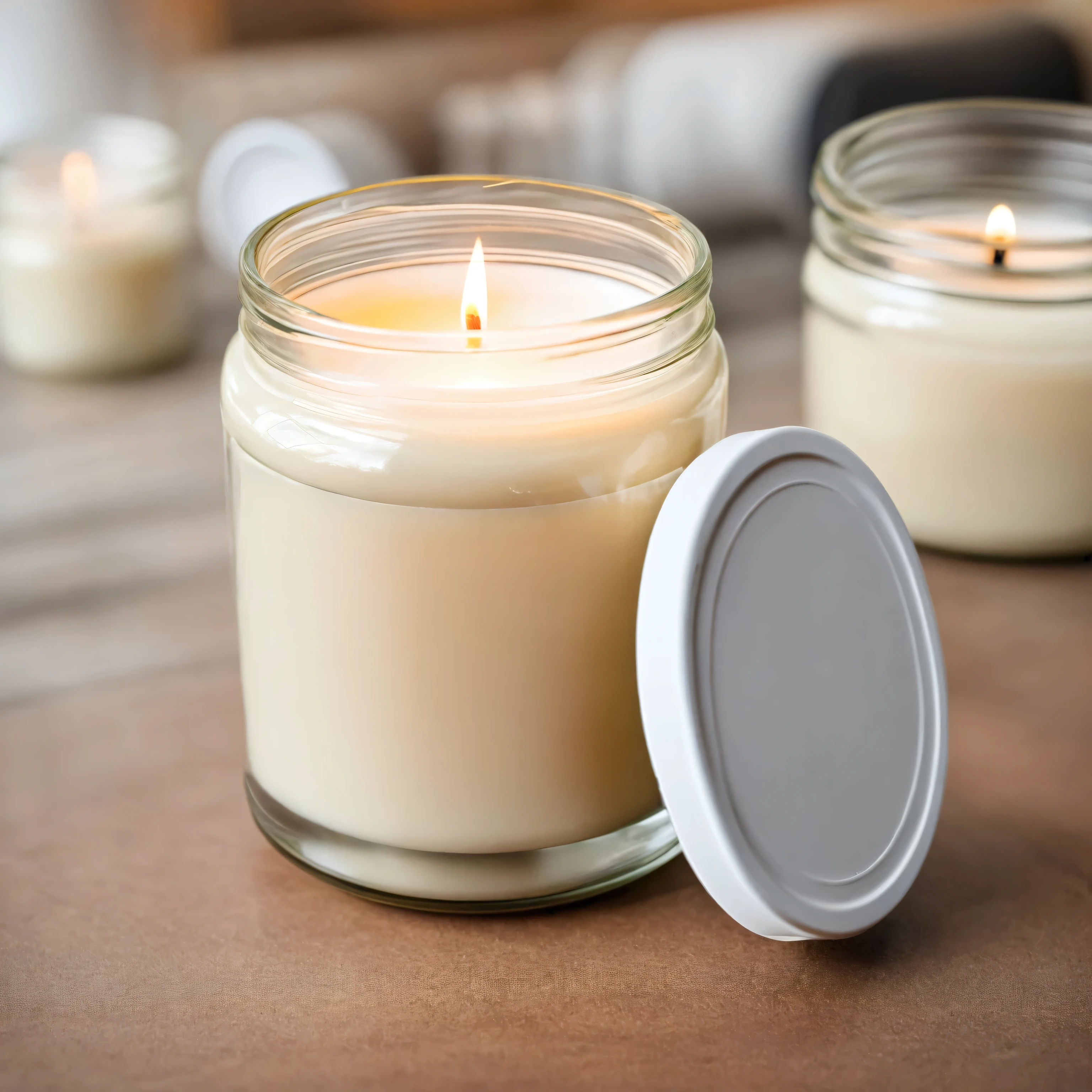 Mockup empty, a blank small beige candle in a jar with white label and black lid standing inside yoga studio, yoga class in defocused background. Yoga students in yoga poses