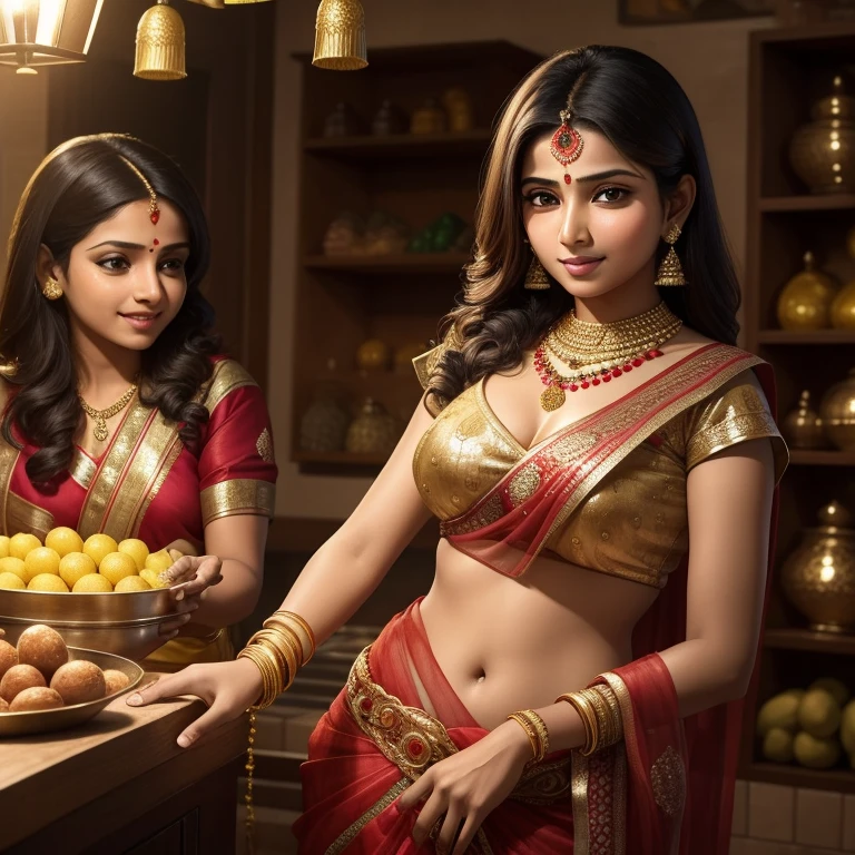 In the heart of a vibrant Indian neighborhood, a 22-year-old woman named Meena, with radiant brown eyes and a captivating smile, lovingly tends to her litchi shop. Adorned in traditional Indian attire, she exudes warmth and hospitality as she hands a juicy, ripe litchi to an eager young boy. The scene is beautifully captured in ultra HD realistic art, with every detail meticulously rendered. The texture of Meena's saree, the intricate patterns of her jewelry, and the boy's excited expression. The ambiance of her cozy home, with its warm, inviting lighting and the enticing smell of fresh litch