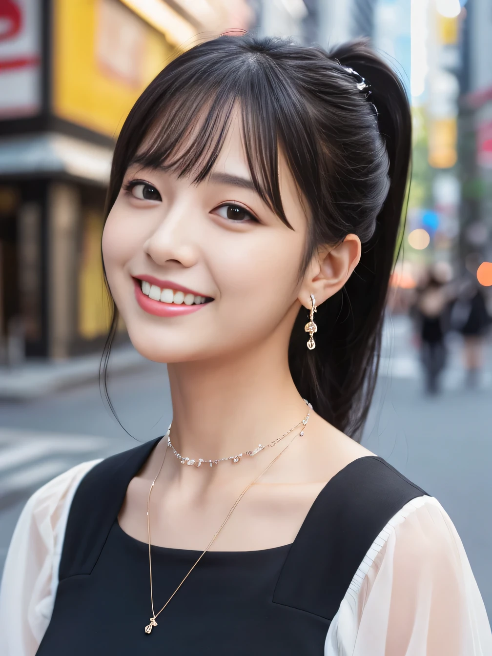 Ultra-high resolution, Superior Quality, highest quality, Very detailed, Realistic, 8k, RAW Photos, highest quality, masterpiece, Attractive girl, Awesome girl, Black Hair、 Hairstyle Ponytail、 Japanese Idols, blouse,smile、Beautiful teeth alignment、Ear piercing、Necklace around the neck、Random cute poses
