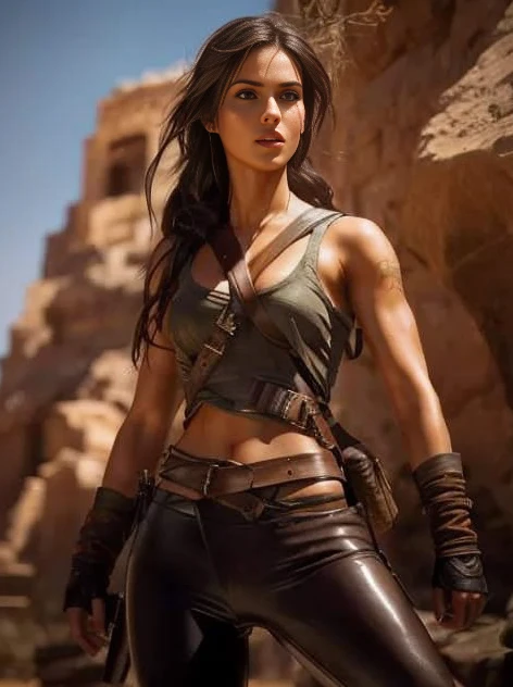 Lara Croft com Yennefer juntos, Fotorrealista, luz solar no corpo, Pose sexy, Corpo bonito, rosto bonito, deserto, Minimal clothing,