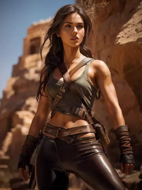 Lara Croft com Yennefer juntos, Fotorrealista, luz solar no corpo, Pose sexy, Corpo bonito, rosto bonito, deserto, Minimal clothing,