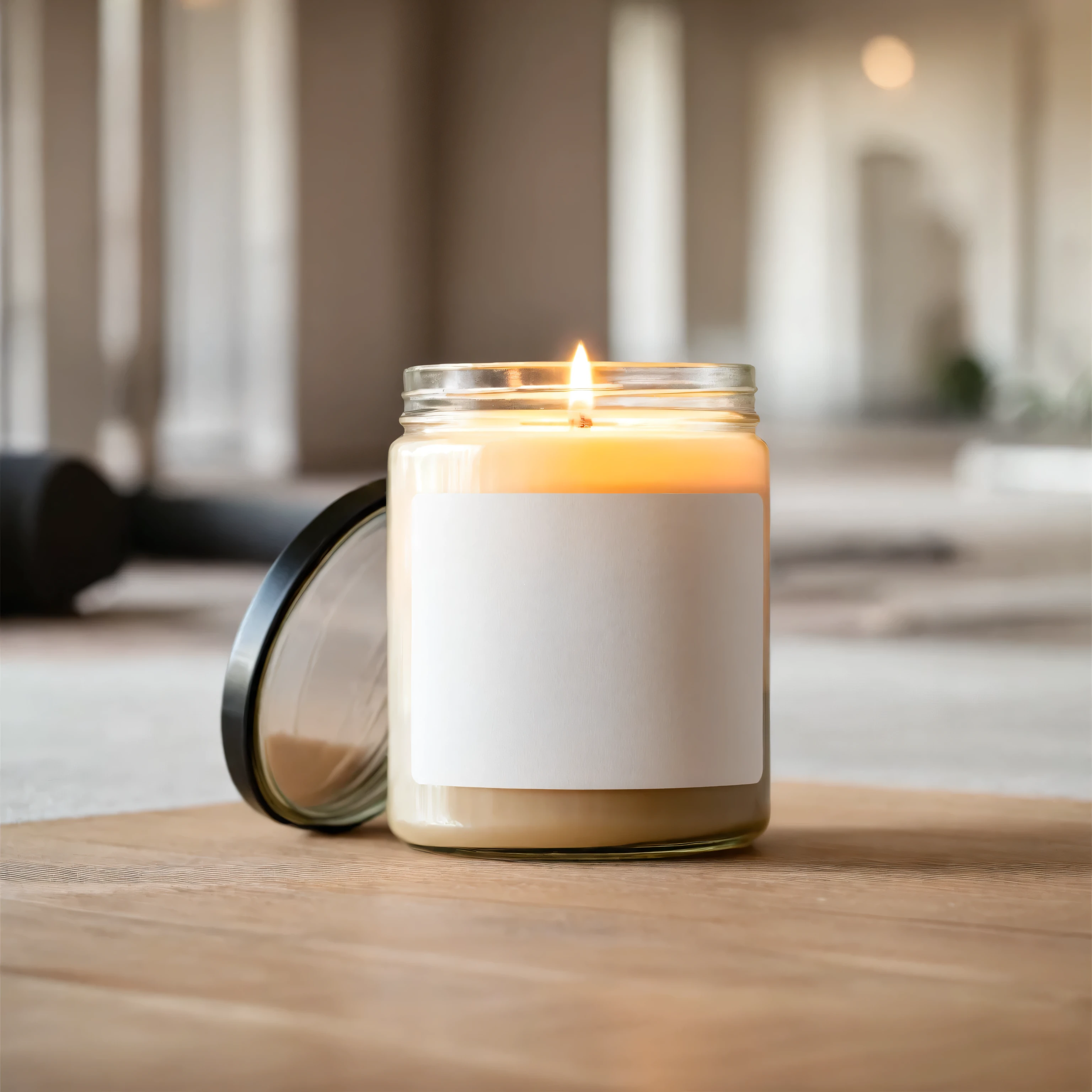 Mockup empty, a blank small beige candle in a jar with white label and black lid standing inside yoga studio, yoga class in defocused background. Yoga students in yoga poses