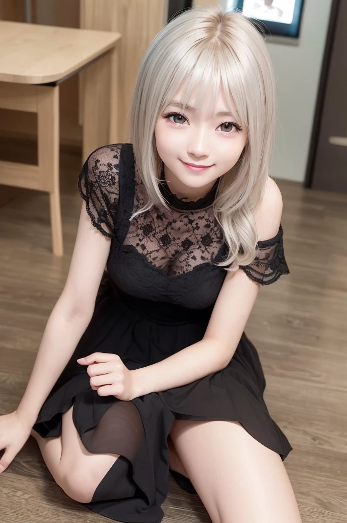 highest quality、8k Masterpiece、超A high resolution、(Photorealistic:1.3)、RAW Photos、1 girl、Messy black very short hair、Glowing Skin、((Ultra-Realistic Details))、Portrait、Global Illumination、Shadow、Octane Rendering、8k、Super sharp、Beautiful breasts、Beautiful Eyes、Bright colors、smile、Very intricate details、Realistic Light、CGSoation Trend、Beautiful Eyes、Shining Eyes、A big smile for the camera、Neon Details、20age、Mean、Small devil、Obscene、wide shot、full body、Silver charm on the ankle、Young body shape、未来的な白いIdol衣装、Cosplay、A little sexy、Moe、Super cute、cute、pure、Fall in love、Idol、可愛いIdolステージ衣装、A girly cafe with gentle sunlight、A smile that will make any otaku swoon、intellectual