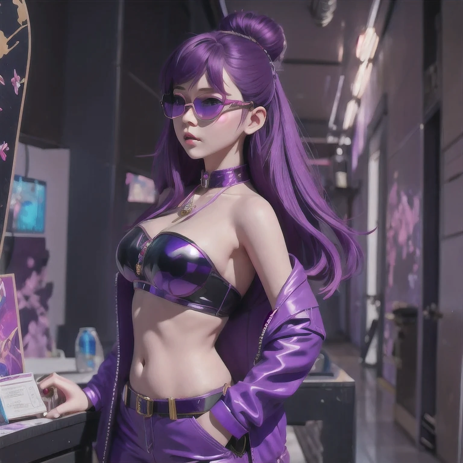 purple haired woman with purple sunglasses and a purple jacket, artwork in the style of guweiz, inspired by Yanjun Cheng, guweiz, trending on cgstation, belle delphine, yanjun chengt, ross tran 8 k, purple aethetic, in the style of ross tran, luts, deviantart artstation cgscosiety, trending at cgstation(masterpiece, best quality:1.2), 1girl, solo