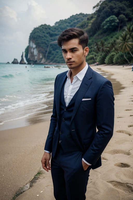 25 years old man named john ,european origins, formal dark blue suit . Thialand beach
