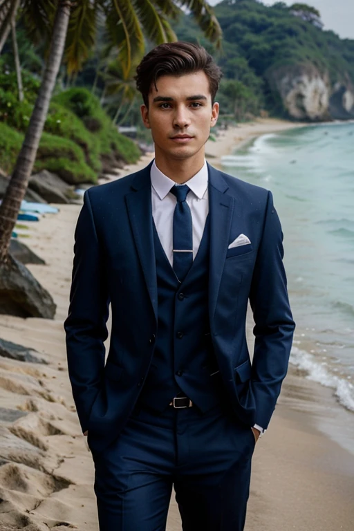 25 years old man named john ,european origins, formal dark blue suit  . Thialand beach 
