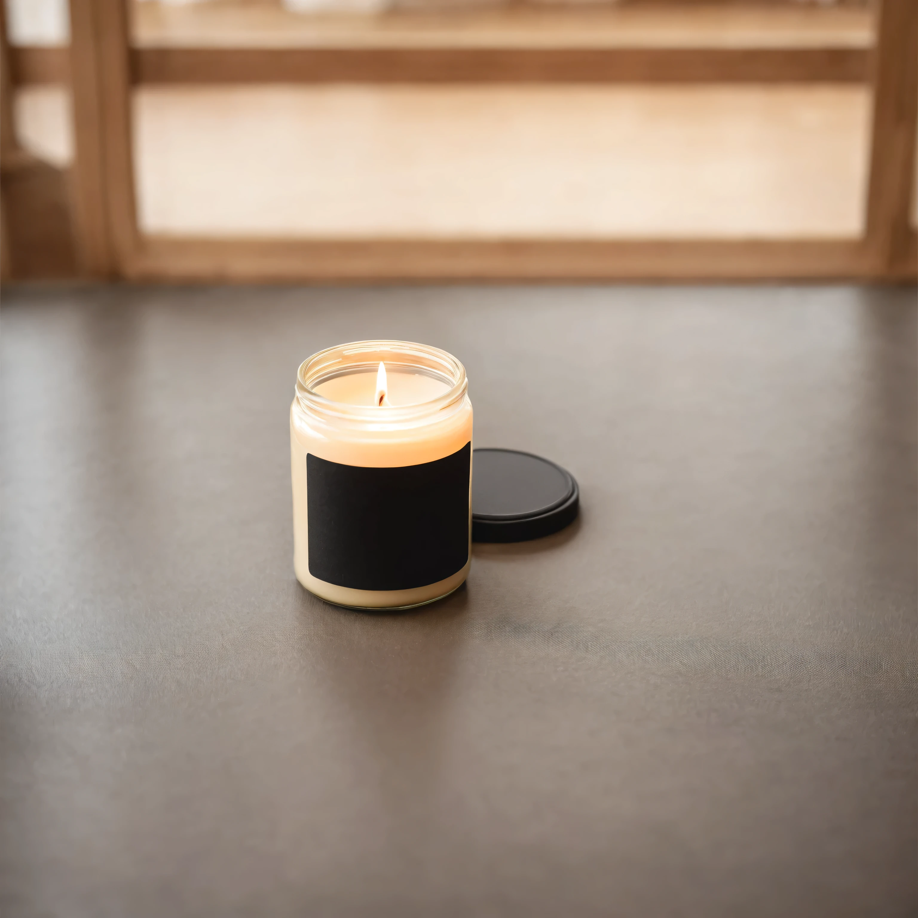 Mockup empty, a blank small beige candle in a jar with white label and black lid standing inside yoga studio, yoga class in defocused background. Yoga students in yoga poses