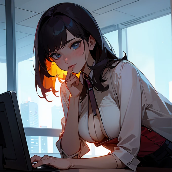 Seduction in a Singapore office, blouse, thunderstorm, gloomy, far future, futuristic, 23rd century