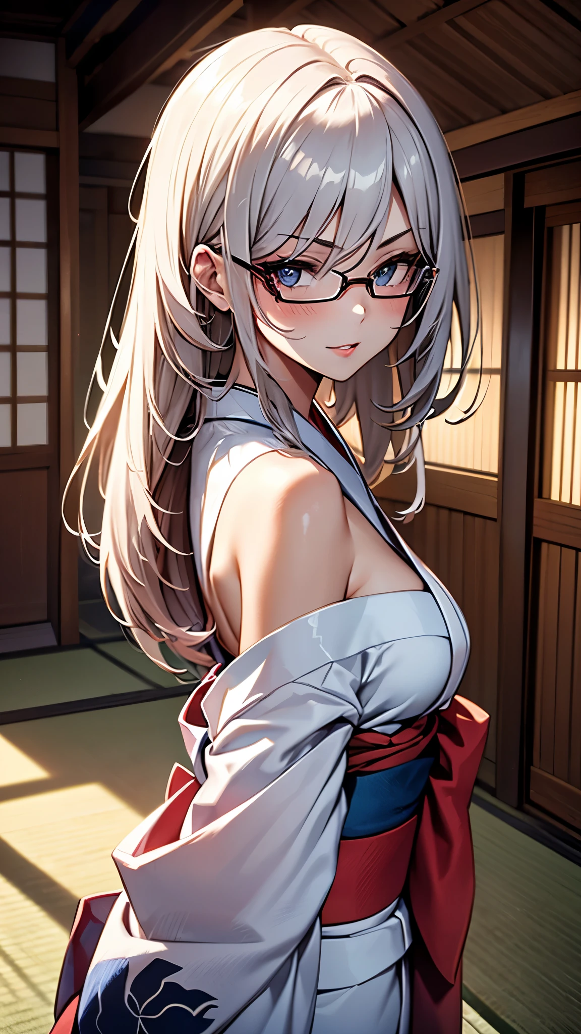 (1girl:1.3), Masterpiece, Best quality, amazing beauty, [[3D]], 4K, absurdres, finely detail, super detailed eye, perfect anatomy, official art, cinematic lighting, BREAK, ryokan, tatami, silky long hair, silver hair, super shiny detailed black eyes, big eyes, tareme, cute eyes, thin eyebrow, Staring, close-mouth, thin lips, smirk, mascara, rouge, Eyeliner, red lips, red eyewear, blush, BREAK, tall, slender, tanlines, She turns around and shows her back, bare shoulders, BREAK ,(white kimono:1.2), 35mm lens f/1