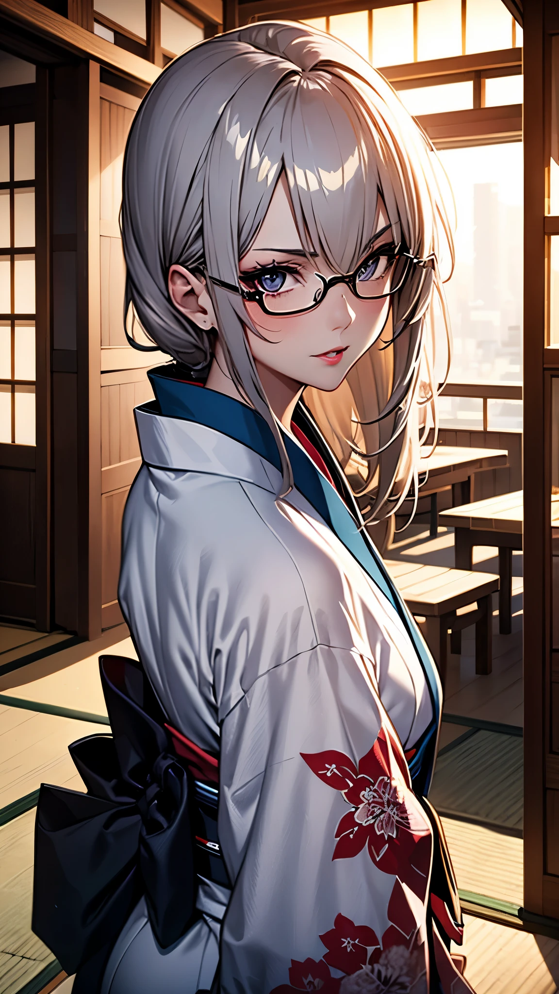 (1girl:1.3), Masterpiece, Best quality, amazing beauty, [[3D]], 4K, absurdres, finely detail, super detailed eye, perfect anatomy, official art, cinematic lighting, BREAK, ryokan, tatami, silky long hair, silver hair, super shiny detailed black eyes, big eyes, tareme, cute eyes, thin eyebrow, Staring, close-mouth, thin lips, smirk, mascara, rouge, Eyeliner, red lips, red eyewear, blush, BREAK, tall, slender, tanlines, She turns around and shows her back, bare shoulders, BREAK ,(white kimono:1.2), 35mm lens f/1