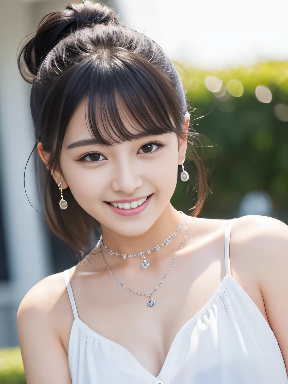 Ultra-high resolution, Superior Quality, highest quality, Very detailed, Realistic, 8k, RAW Photos, highest quality, masterpiece, Attractive girl, Awesome girl, Black Hair、 Hairstyle bun、 Japanese Idols, blouse,smile、Beautiful teeth alignment、Ear piercing、Necklace around the neck、Random cute poses
