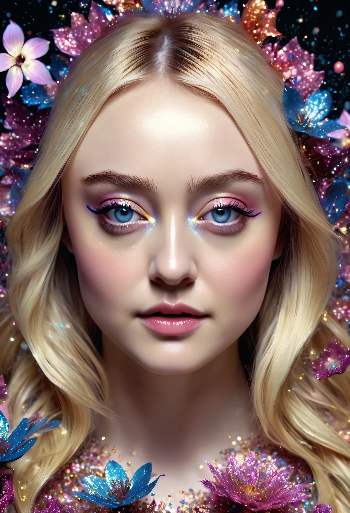 Looks like Dakota Fanning, The beautiful detailed portrait with glitter woman created from the flowers.glowing flowers ..The beautiful woman .magic hair .ultra HD, hyper  Very Good quality ,magical effect , Photorealistic.   artistic, photographic, fine texture, photorealistic ,Ultra Realistic, High quality, Highly detailed. Dark art. Unreal  efect.  cinematic lights. perfect composition., magic light, fantasty , cinematic lights ,magic effect. Abstract