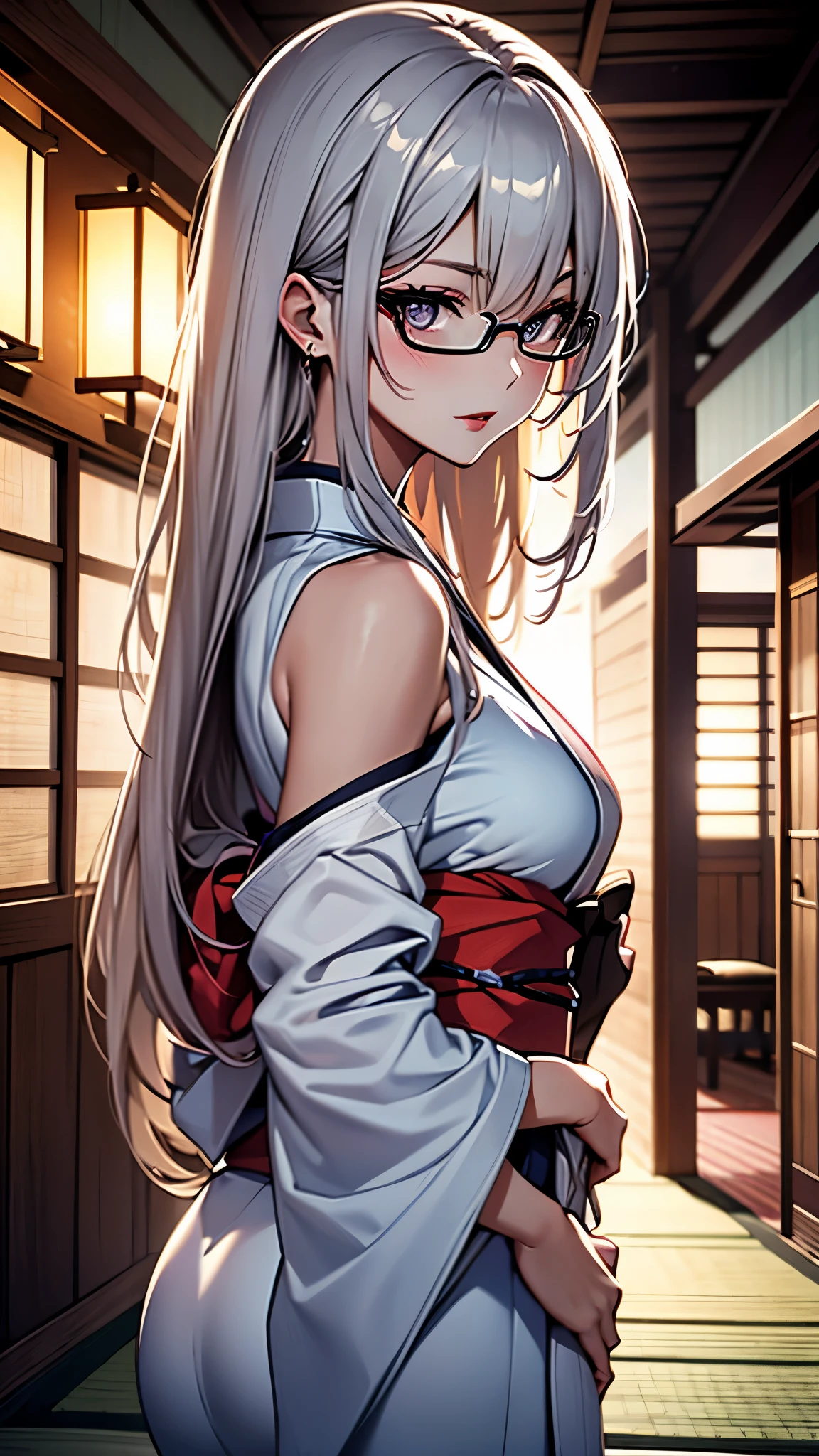 (1girl:1.3), Masterpiece, Best quality, amazing beauty, [[3D]], 4K, absurdres, finely detail, super detailed eye, perfect anatomy, official art, cinematic lighting, BREAK, ryokan, tatami, silky long hair, silver hair, super shiny detailed black eyes, big eyes, tareme, cute eyes, thin eyebrow, Staring, close-mouth, thin lips, smirk, mascara, rouge, Eyeliner, red lips, red eyewear, blush, BREAK, tall, slender, tanlines, She turns around and shows her back, bare shoulders, BREAK ,(white kimono:1.2), 35mm lens f/1