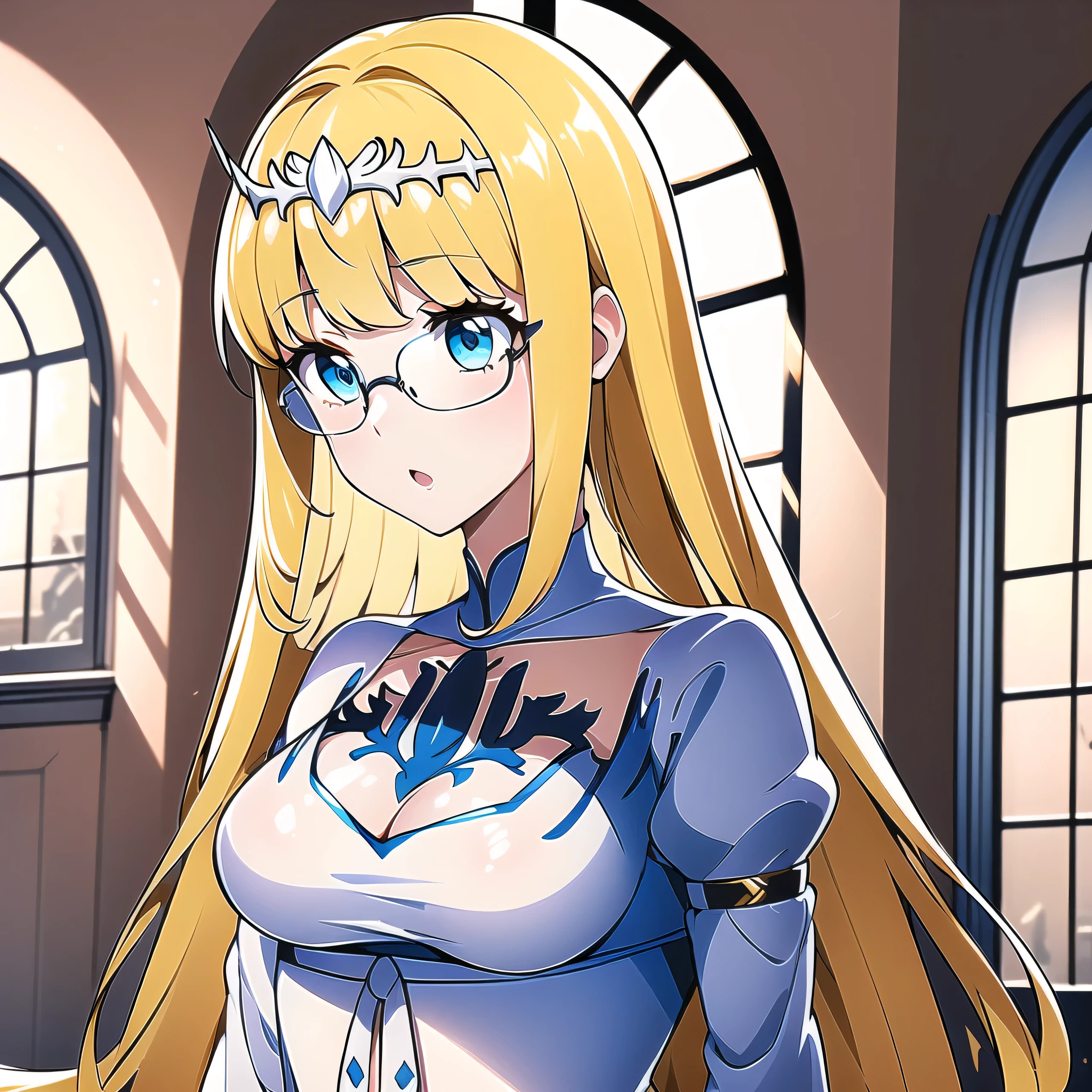 1girl, solo, Calca, Calca Bessarez, blonde hair, (extremely long hair:1.3), very long hair, white tiara, white dress, blue eyes, medium chest, in a luxurious room, indoor, daylight, stained glasses, victorian gothic style room, upper body