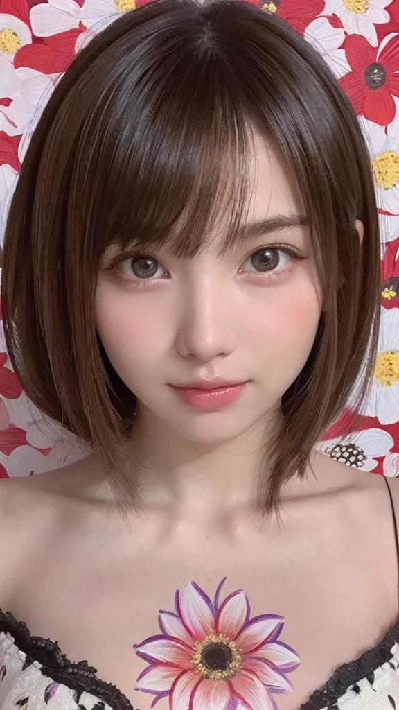 one girl, (a beauty girl, delicate girl:1.3), (:1.3),
break, (art, full body painting, floral pattern:1.2),
break, (background is wall:1.2),
break, very fine eyes, (symmetrical eyes:1.3),
break, (small breasts:0.5), brown eyes, parted bangs, brown hair, (upper teeth, best smile:0.2),
break, (eyes and faces with detailed:1.0),
break, (masterpiece, best quality, ultra detailed, detailed face, 8k)