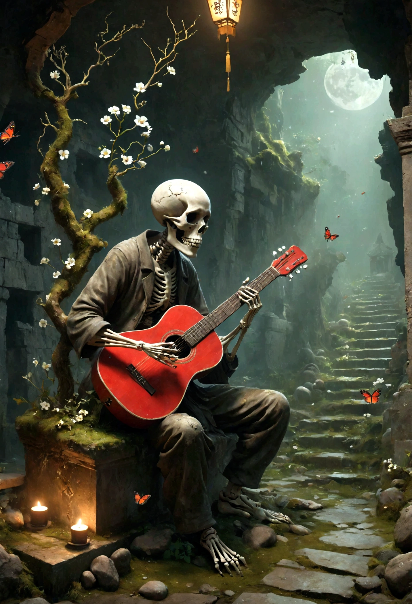 a skeletal figure playing a guitar, melancholic, desolate, moss-covered, dilapidated, squalid, (best quality,4k,8k,highres,masterpiece:1.2),ultra-detailed,(realistic,photorealistic,photo-realistic:1.37),dark fantasy,grim,moody lighting,dramatic shadows,cinematic,moody color palette,muted tones,grunge,decaying,weathered,tattered,Small white flowers,Ancient Chinese tombs,Dungeons,Cemetery,Black red,There is a broken bowl in front.,The Trail,Stairs,vine,rainwater,Swarms of glowing butterflies,A group of transparent wandering souls, Soul Wild Ghost,Look up