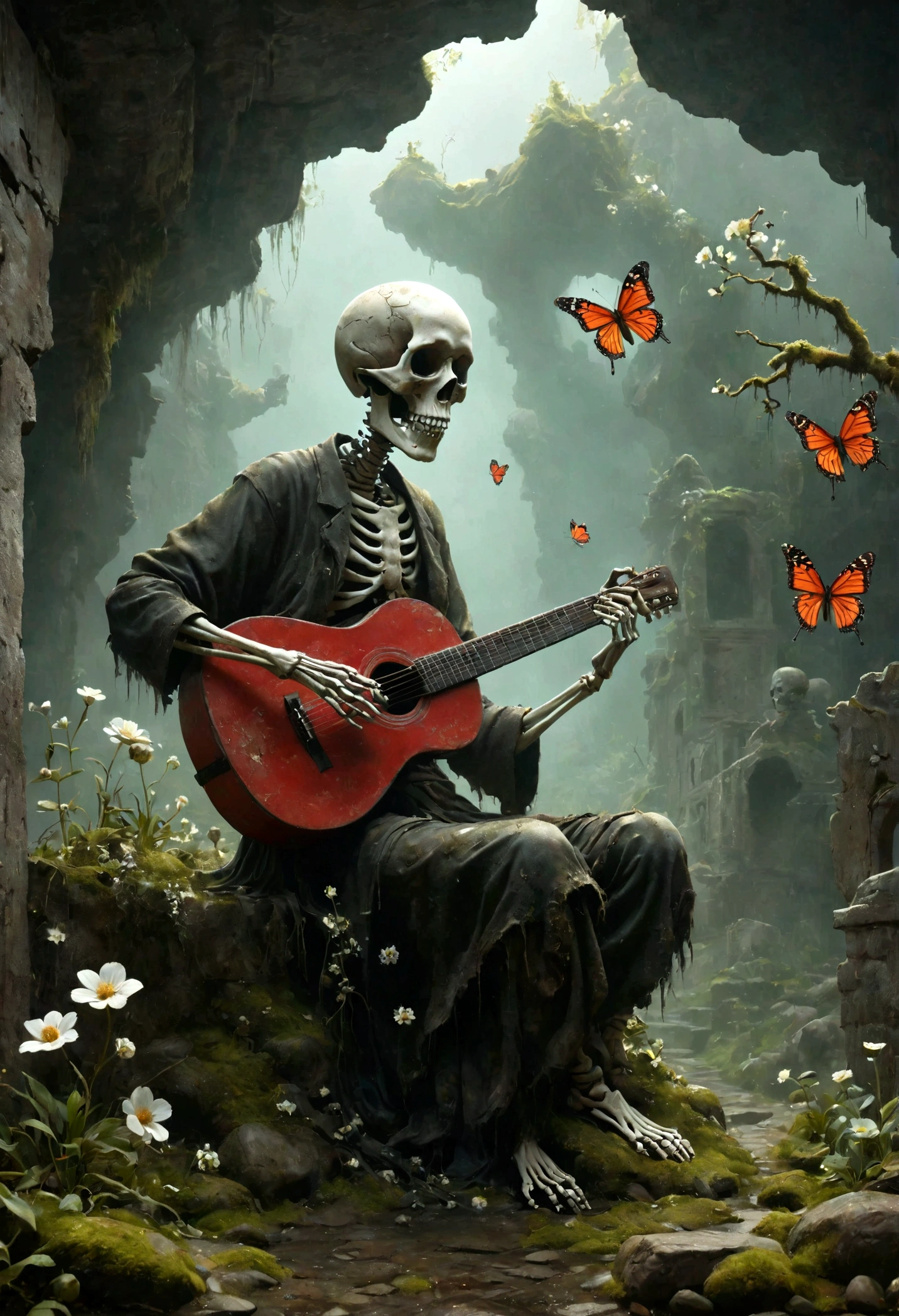 a skeletal figure playing a guitar, melancholic, desolate, moss-covered, dilapidated, squalid, (best quality,4k,8k,highres,masterpiece:1.2),ultra-detailed,(realistic,photorealistic,photo-realistic:1.37),dark fantasy,grim,moody lighting,dramatic shadows,cinematic,moody color palette,muted tones,grunge,decaying,weathered,tattered,Small white flowers,Ancient Chinese tombs,Dungeons,Cemetery,Black red,There is a broken bowl in front.,The Trail,Stairs,vine,rainwater,Swarms of glowing butterflies,A group of transparent wandering souls, Soul Wild Ghost,Look up