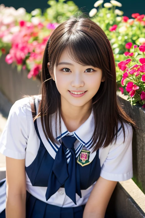 (((full bodyesbian)))、((Girls' High School Uniforms))、((1a person))、ponytail、short-hair、Close to the subject、((a school flower beds)))、(((ssmile)))、(((Girls' High School)))、((a beauty girl))、((sexy pose))、Photorealsitic、Beautiful detailed eyes、Hyper-Realism、highcontrast、Ultra HD、realistic skin textures、Top image quality、top-quality、超A high resolution、Fine details、Very meticulously、medium round bosom