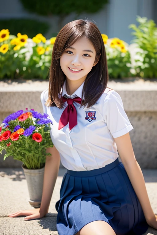 (((full bodyesbian)))、((Girls' High School Uniforms))、((1a person))、ponytail、short-hair、Close to the subject、((a school flower beds)))、(((ssmile)))、(((Girls' High School)))、((a beauty girl))、((sexy pose))、Photorealsitic、Beautiful detailed eyes、Hyper-Realism、highcontrast、Ultra HD、realistic skin textures、Top image quality、top-quality、超A high resolution、Fine details、Very meticulously、medium round bosom