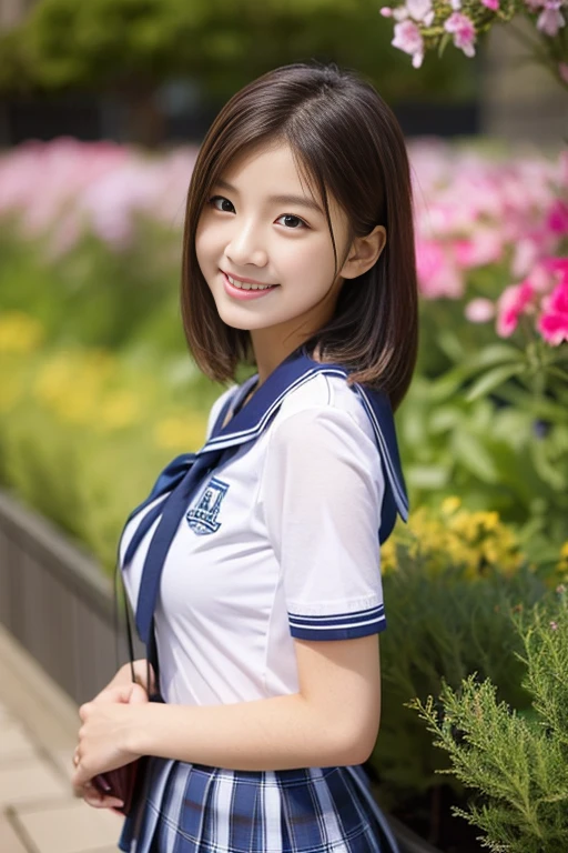 (((full bodyesbian)))、((Girls' High School Uniforms))、((1a person))、ponytail、short-hair、Close to the subject、((a school flower beds)))、(((ssmile)))、(((Girls' High School)))、((a beauty girl))、((sexy pose))、Photorealsitic、Beautiful detailed eyes、Hyper-Realism、highcontrast、Ultra HD、realistic skin textures、Top image quality、top-quality、超A high resolution、Fine details、Very meticulously、medium round bosom